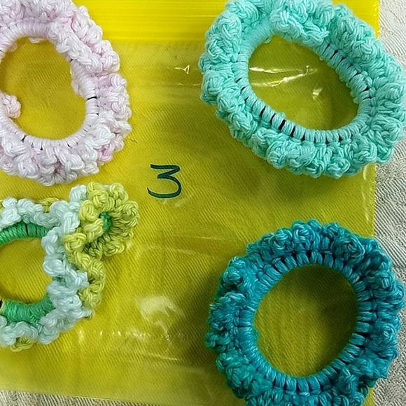 Scrunchies lot of 4 bundle yellow blue green pink crotchet handmade - Picture 7 of 7